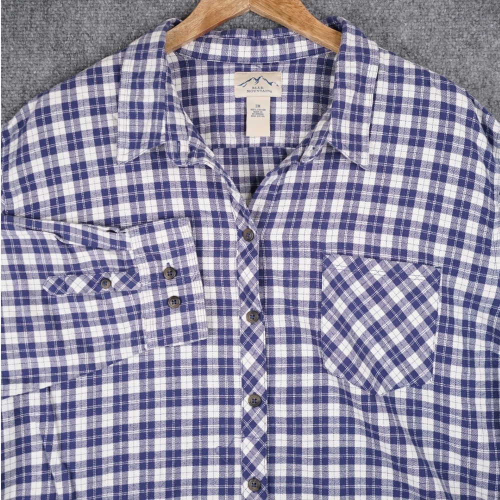 Blue Mountain Plaid Flannel Shirt Womens 3X Navy Blue White Button Up Cotton